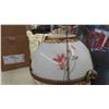 Image 2 : Hanging Coal Oil Lamp with Brass Trim, Milk Glass with Flowers, Hanging Prisms