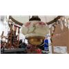 Image 5 : Hanging Coal Oil Lamp with Brass Trim, Milk Glass with Flowers, Hanging Prisms