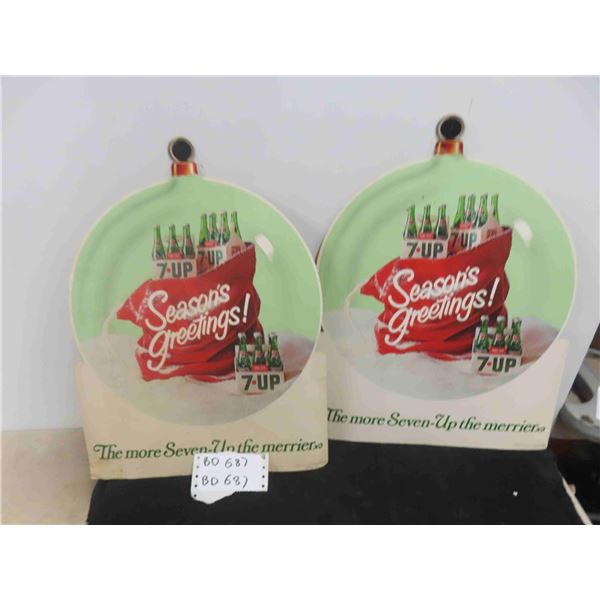 2 Vintage 7Up Advertising Cardboard Easel Back Signs - Christmas 14" x 19" 