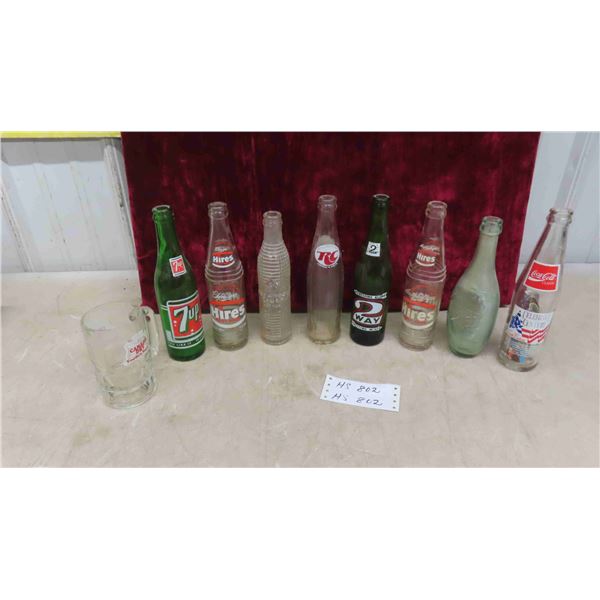 8 Pop Bottles ; 2 Way, Stanley, 7Up, Crush, plus others & Canada Dry Mug