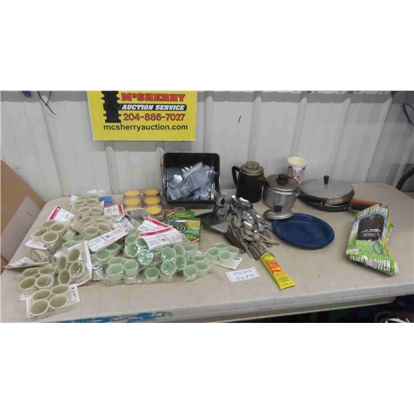 Camping Supplies ; Pots, Pans, Coffee Perk, Cutlery, Fire Starter, Mosquito Coils,