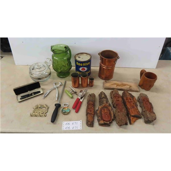 5 Signed Tree Carvings , Mug, Copper Ware, Pitcher, Coffee Carafe, plus more