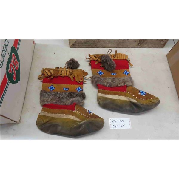 Suede + Fur Moccasins with Beading - approx. 12.5" 