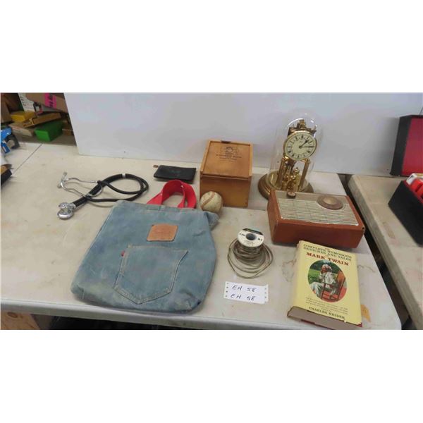 Levi Tote, Vintage GE Transistor Radio, Anniversary Clock, Stethoscope, Hard Cover