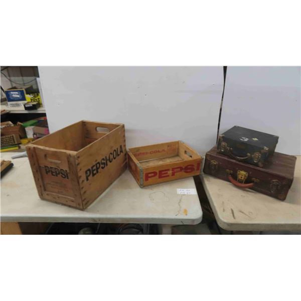 Pepsi-Cola Crate 12" x 12.5"t x 18.5" & 5" t x 12" x 16.5" & 2 Vintage Suitcases