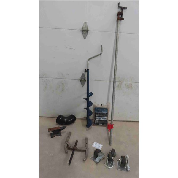 Gear Puller, Ice Auger, 4 Castor Wheels, Clamp, Small Anvil, Bag of Smoking Wood 