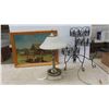 Image 1 : Table Lamp 23'' Tall , Wrought Iron Plant Stand 22 1/2'' Tall , Oak Framed 