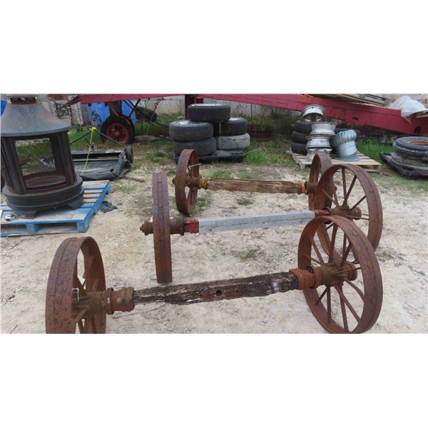 3 Sets of Steel Wagon Wheels  with Axles (2) 27 1/2'' (1) 31 1/2'' 