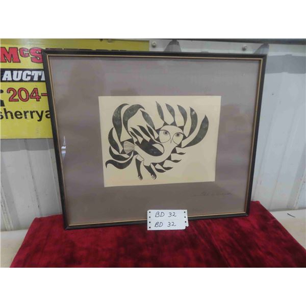 Vintage Inuit Stone Cut Lino Cut Signed and Framed. Frame Measures 17'' x 20'' 