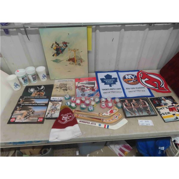 Hockey Related: Hardboard Picture 16'' x 20'' , Toronto and New York Flags,8 Mini NHL Mugs, 