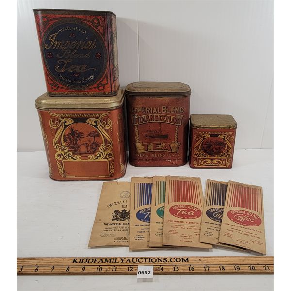 LOT OF 10 - IMPERIAL BLEND TEA TINS & COFFEE / TEA GRINDING MACHINE BAGS