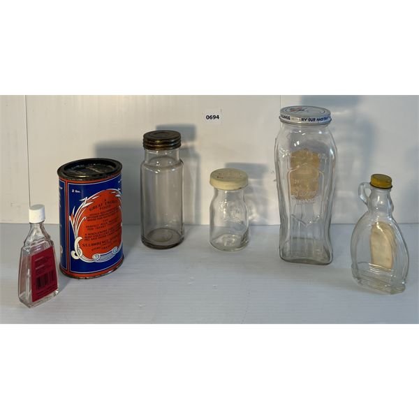 LOT OF 6 - EMBOSSED MASON JARS, BOTTLES & CAN - INCL BEE HIVE CORN SYRUP, ETC