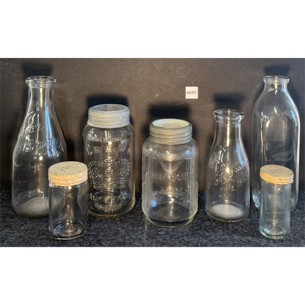 LOT OF 7 - EMBOSSED MASON JARS & DAIRY BOTTLES - INCL CROWN 1 QT 