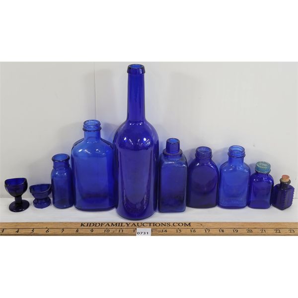 LOT OF 10 - MISC COBALT BOTTLES - INCL APOTHECARY