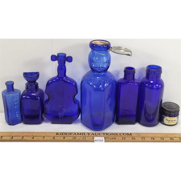 LOT OF 7 - MISC COBALT BOTTLES - INCL BABY TOP & NOXZEMA, ETC.