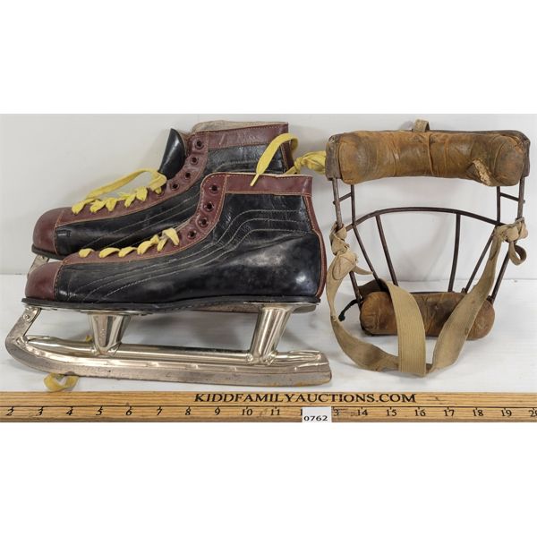 LOT OF 2 - PAIR OF LEATHER ICE SKATES & CATCHERS MASK
