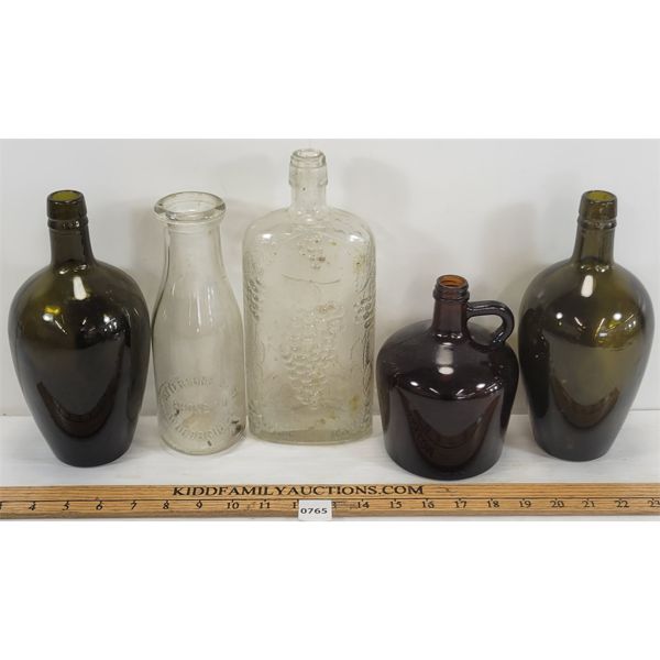 LOT OF 5 - MISC EMBOSSED SPIRIT & DAIRY BOTTLES - INCL PATTERSONS DAIRY