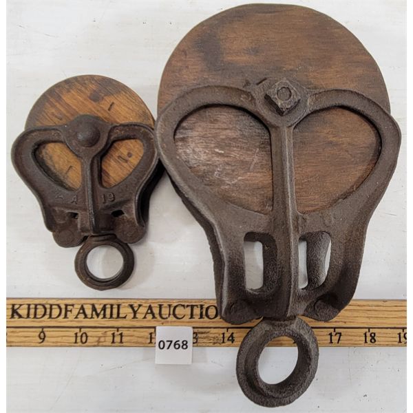 LOT OF 2 - WOODEN PULLEYS