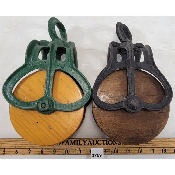 LOT OF 2 - WOODEN PULLEYS