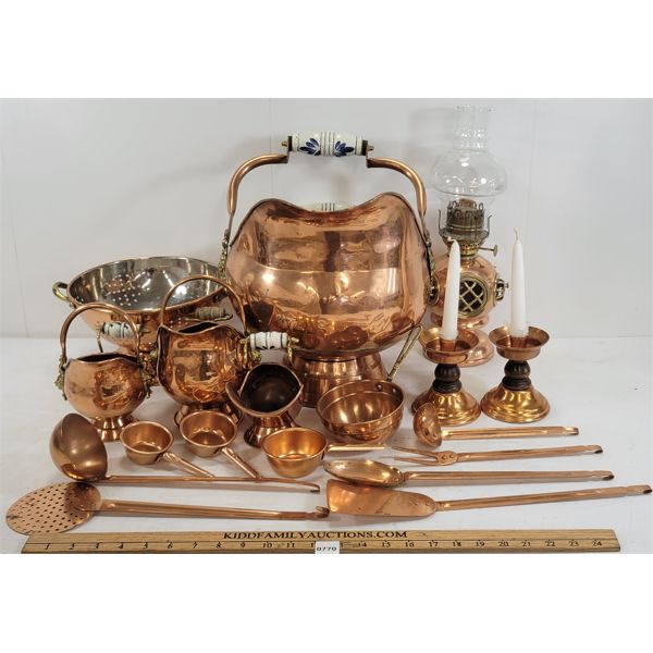 QTY OF MISC COPPER UTENSILS - INCL LANTERN, COLANDER, ETC. 