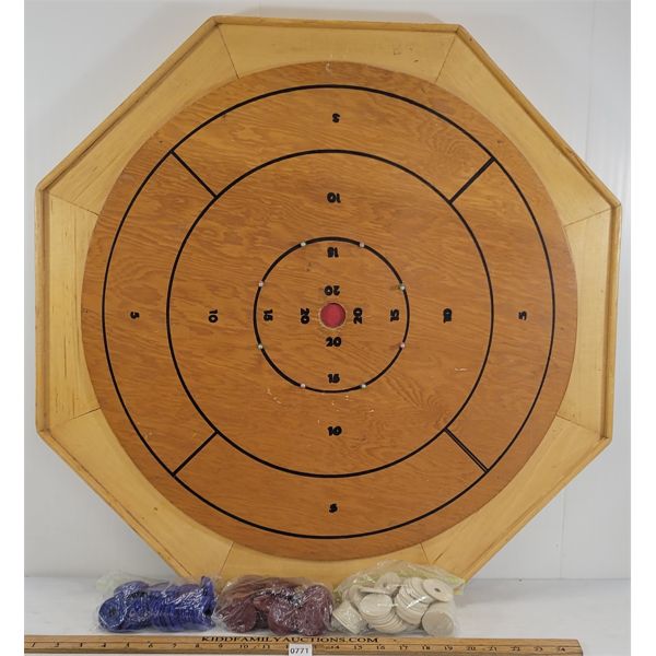WOODEN CROKINOLE BOARD W/ POKER CHIPS