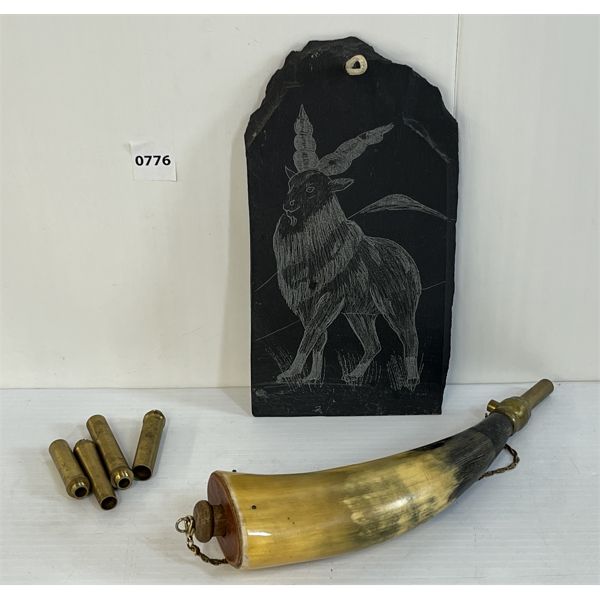 LOT OF 3 - POWDER HORN, BRASS SPOUTS & RAM SLATE ETCHING 