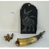 Image 1 : LOT OF 3 - POWDER HORN, BRASS SPOUTS & RAM SLATE ETCHING 