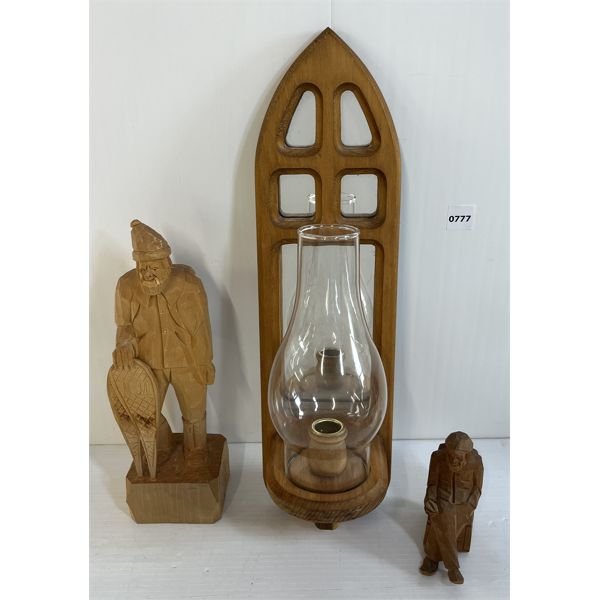 LOT OF 3 - WOOD CARVED STATUES & WALL SCONCE