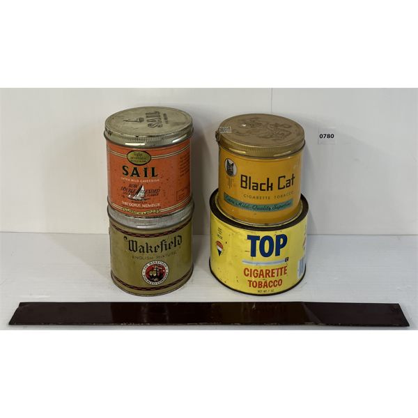 LOT OF 5 - TOBACCO TINS & VOGUE COMPOSITE SIGN - INCL TOP, SAIL, ETC
