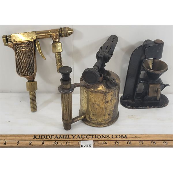 LOT OF 3 - BRASS COLLECTIBLES - INCL BULLET MOULD & ECLIPSE MODEL G PAINT GUN
