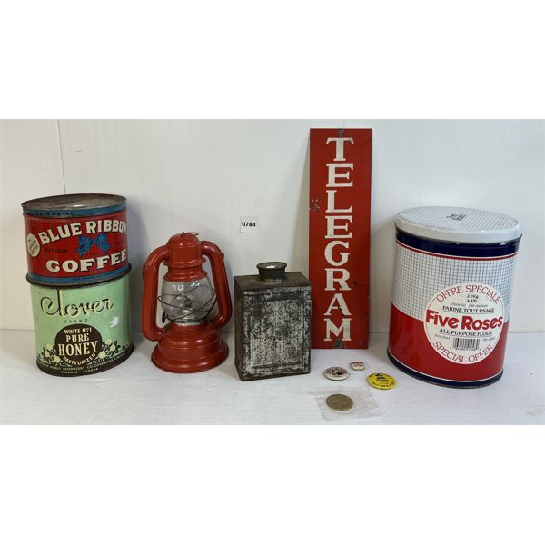 JOB LOT - TINS, SIGN, LANTERN & BUTTONS - INCL BLUE RIBBON COFFEE, T. EATON VARNISH REMOVER, ETC.
