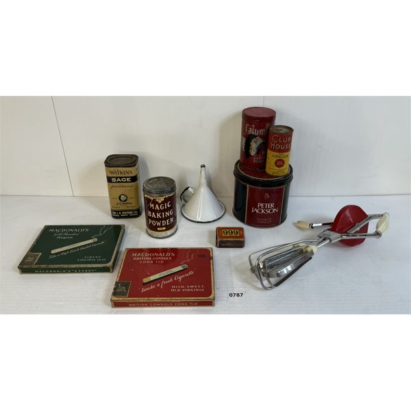 LOT OF 10 - HOUSEHOLD COLLECTIBLES & TINS - INCL MAGIC BAKING POWDER, CLUBHOUSE GINGER, ETC