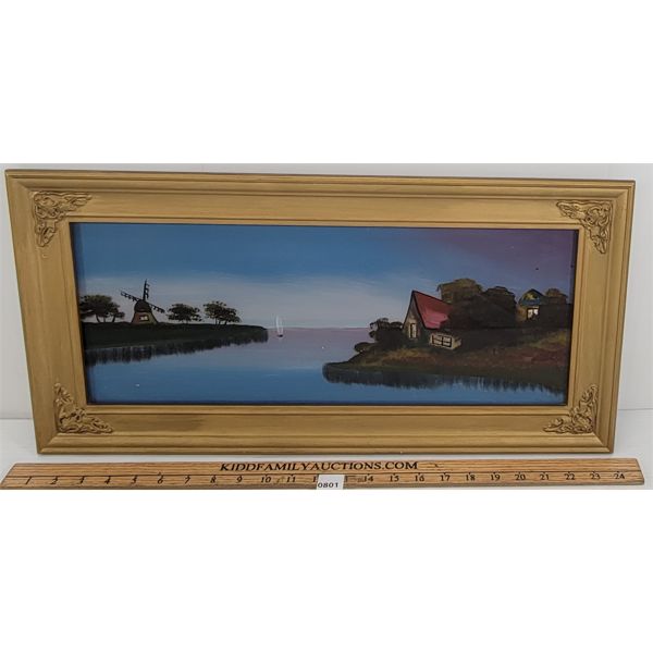 RIVER SCENE - OIL ON BOARD (?) W/ FOIL ACCENTS