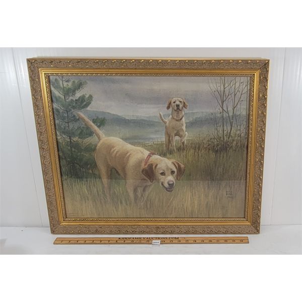 DOGS IN FIELD SCENE BY ENID REED - OIL PASTEL ON CANVAS BOARD