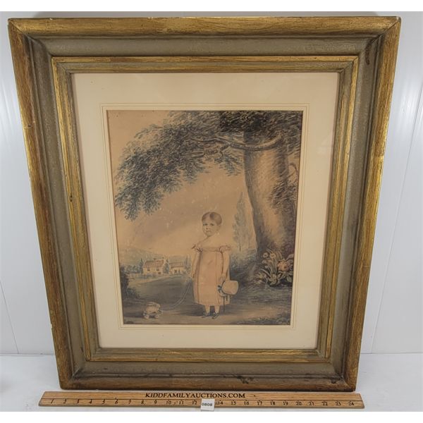 LITTLE GIRL W/ TOY RABBIT - FRAMED WATERCOLOUR ON BOARD