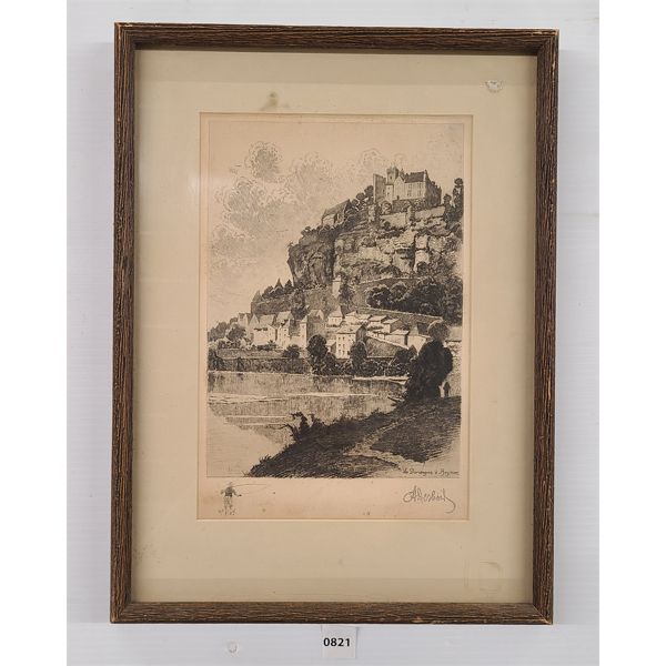 "LA DORDOGNE A REYNAC" BY A. DESB.(?) - FRAMED LITHOGRAPH PRINT