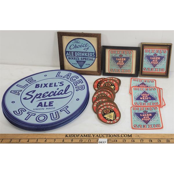 LARGE QTY BIXELS BREWERY COASTERS, TRAY LINERS, LABELS ETC.