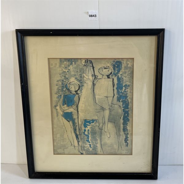 MAN ON HORSE SCENE - FRAMED GOUACHE ON PAPER