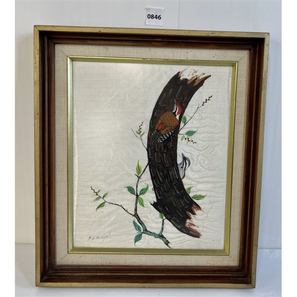 WOODPECKER SCENE BY P. L. DUNGOL (?) - FRAMED INK ON SILK