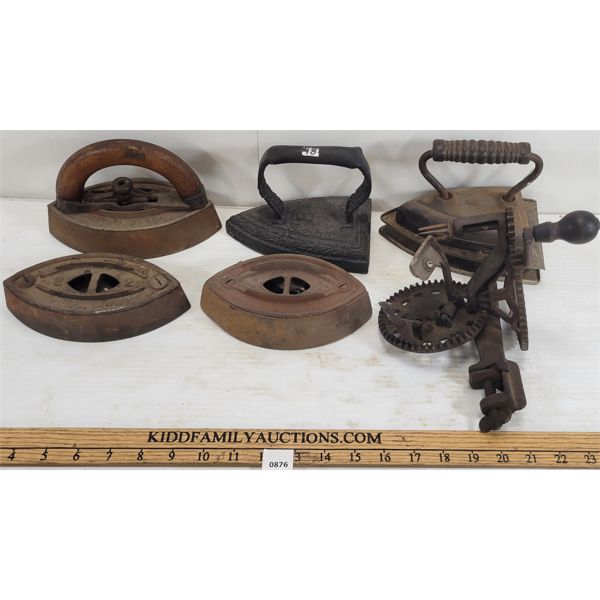 LOT OF 7 - SAD IRONS & APPLE PEELER
