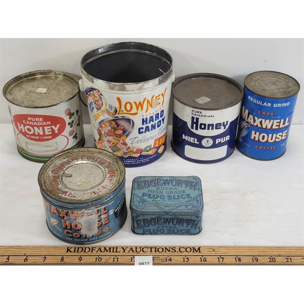 LOT OF 6 - ADVERTISING TINS - INCL LOWNEY'S, MAXWELL ETC.
