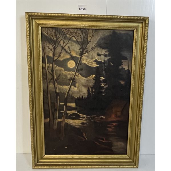 CABIN BY RIVER UNDER FULL MOON BY S. W. BROWN - FRAMED OIL ON BOARD