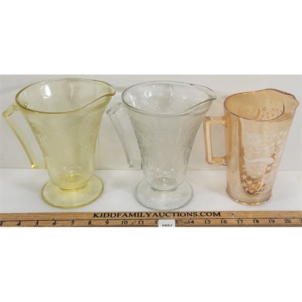 LOT OF 3 - PITCHERS - INCL YELLOW DEPRESSION GLASS