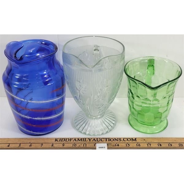 LOT OF 3 - PITCHERS - INCL GREEN DEPRESSION GLASS