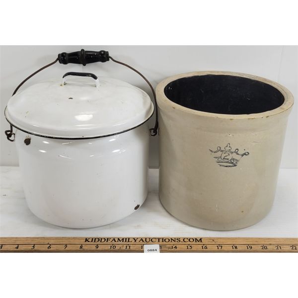 LOT OF 2 - ENAMEL POT & 2 GAL CROCK