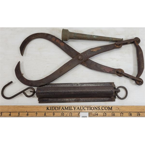 LOT OF 3 - BRASS WEIGH SCALE, LOG TONGS AND FIRE HOSE NOZZLE