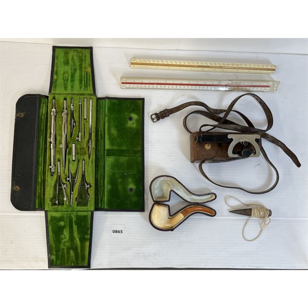 LOT OF 6 - MISC TOOLS - INCL PROTRACTOR SET & RULERS, ETC. 