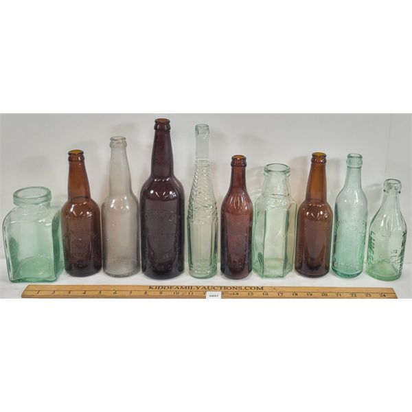 LOT OF 10 - EMBOSSED BOTTLES - INCL BRANDON BREWING CO. 