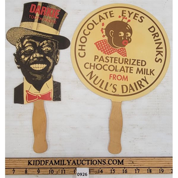 LOT OF 2 - ADVERTISING FANS - INCL NULLS DAIRY 