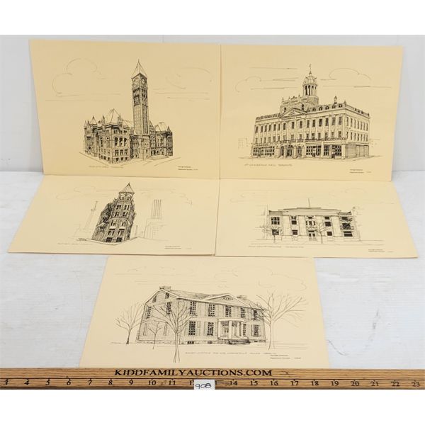 LOT OF 5 - MISC PRINTS - INCL OLD COURTHOUSE, ETC.
